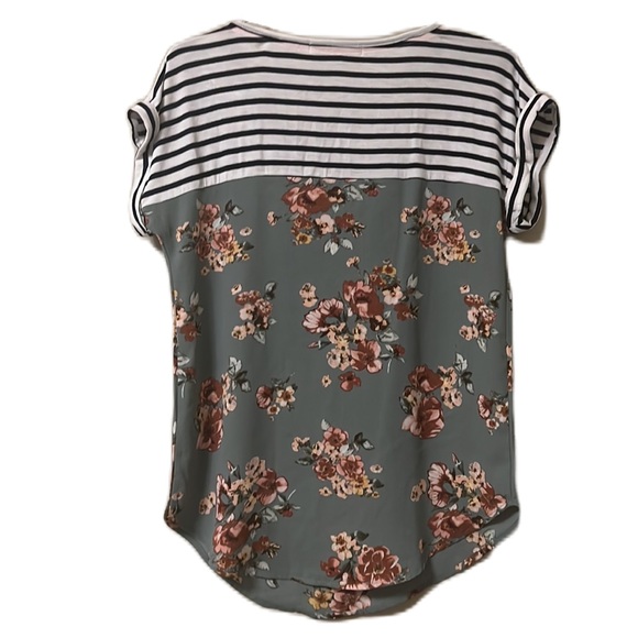 Jolt, Rolled Sleeves, Floral Print,Striped Print Top, Multi Colors, Size XS - Picture 2 of 5